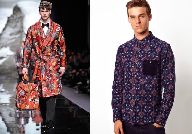 Zwei Männer präsentieren gemusterte Oberbekleidung, darunter einen roten Bademantel und ein blaues Hemd.