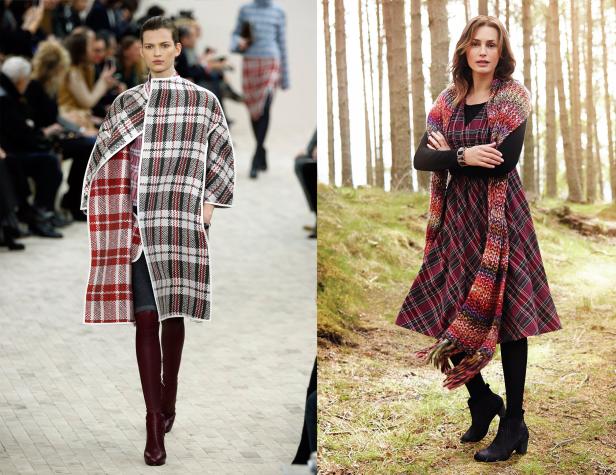 Zwei Frauen präsentieren Mode mit Karomustern vor unterschiedlichen Hintergründen.