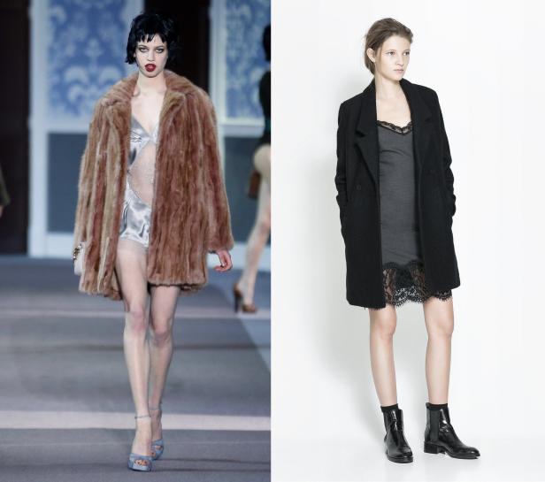 Zwei Frauen präsentieren unterschiedliche Kleider und Mäntel.