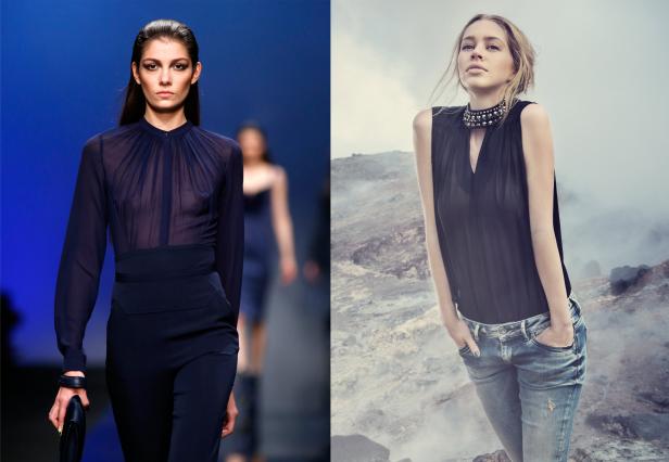 Zwei Frauen präsentieren Mode, eine auf dem Laufsteg und eine vor einer Vulkanlandschaft.