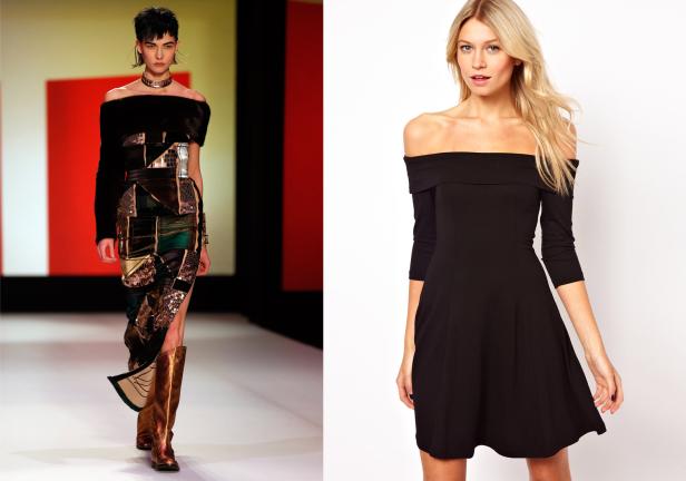 Zwei Frauen präsentieren schulterfreie Kleider, eines davon ein auffälliges Patchwork-Design.