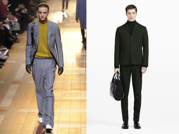 Zwei Männer präsentieren Mode mit Rollkragenpullovern und Anzügen.