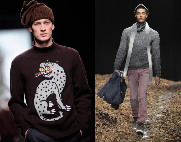 Zwei Männer präsentieren Mode auf einem Laufsteg.