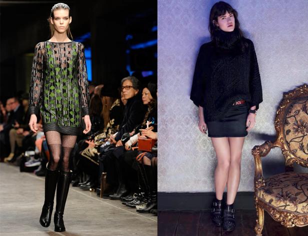 Zwei Frauen präsentieren Mode: eine auf dem Laufsteg, die andere vor einer verzierten Tapete.