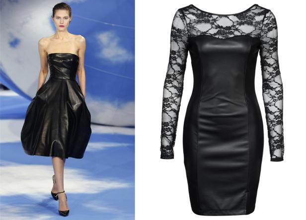 Zwei schwarze Kleider, eines trägerlos und eines mit langen Ärmeln aus Spitze.