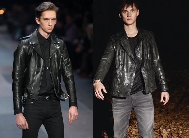 Zwei Männer präsentieren Lederjacken, der eine auf einem Laufsteg, der andere im Freien.