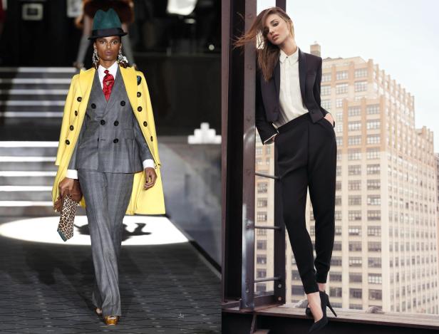 Zwei Frauen präsentieren elegante Hosenanzüge vor unterschiedlichen Hintergründen.