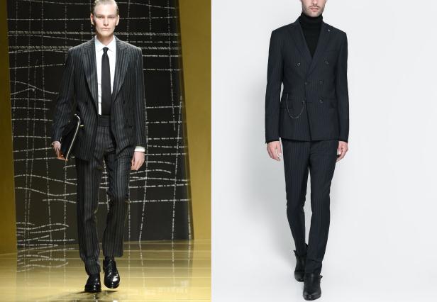 Zwei Männer in Nadelstreifenanzügen präsentieren Mode.