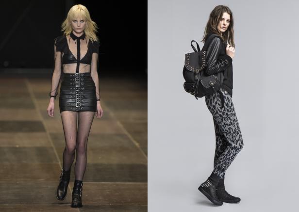 Zwei Models präsentieren unterschiedliche Outfits mit Lederakzenten.