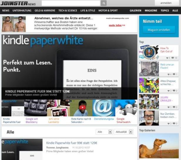 Ein Screenshot der Webseite Joinster News mit Werbung für den Kindle Paperwhite.