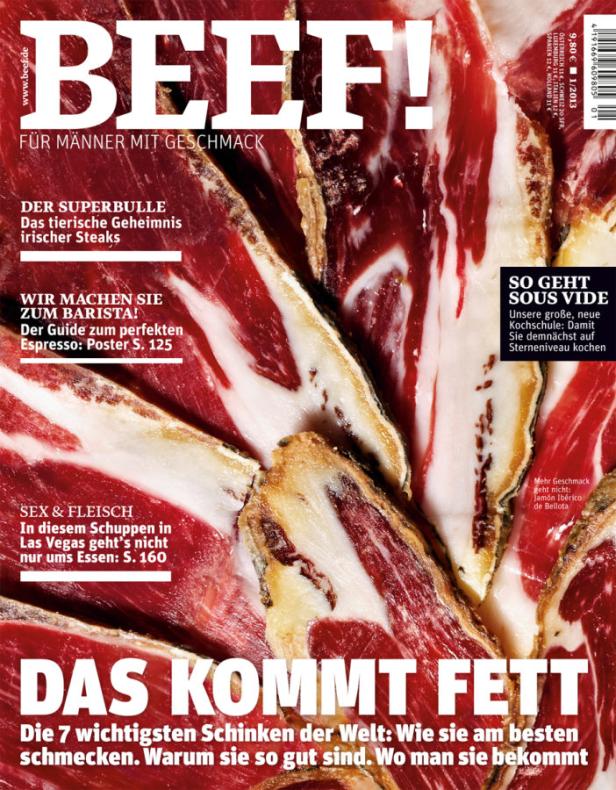 Das Cover des „Beef!“-Magazins zeigt Nahaufnahmen von Schinken.
