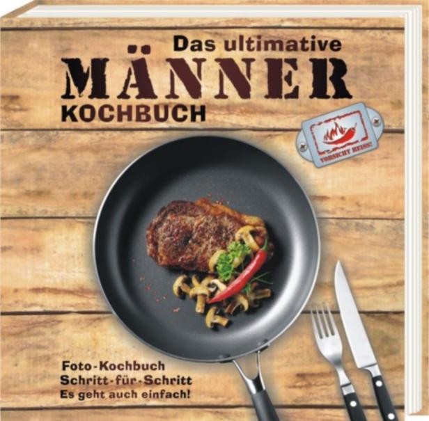 Das Cover des „Männer Kochbuch“ zeigt ein Steak in einer Pfanne mit Pilzen und Chili.