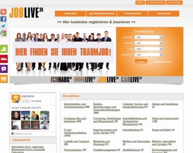 Die Webseite Joblive24 mit Suchfeldern und dem Slogan „Hier finden Sie Ihren Traumjob!".