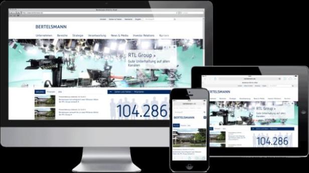 Die Bertelsmann-Webseite wird auf einem Monitor, Tablet und Smartphone dargestellt.