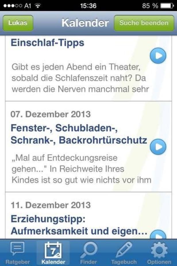 Ein Screenshot der Kalender-App „Lukas“ mit Tipps zu Schlaf und Kindersicherheit.