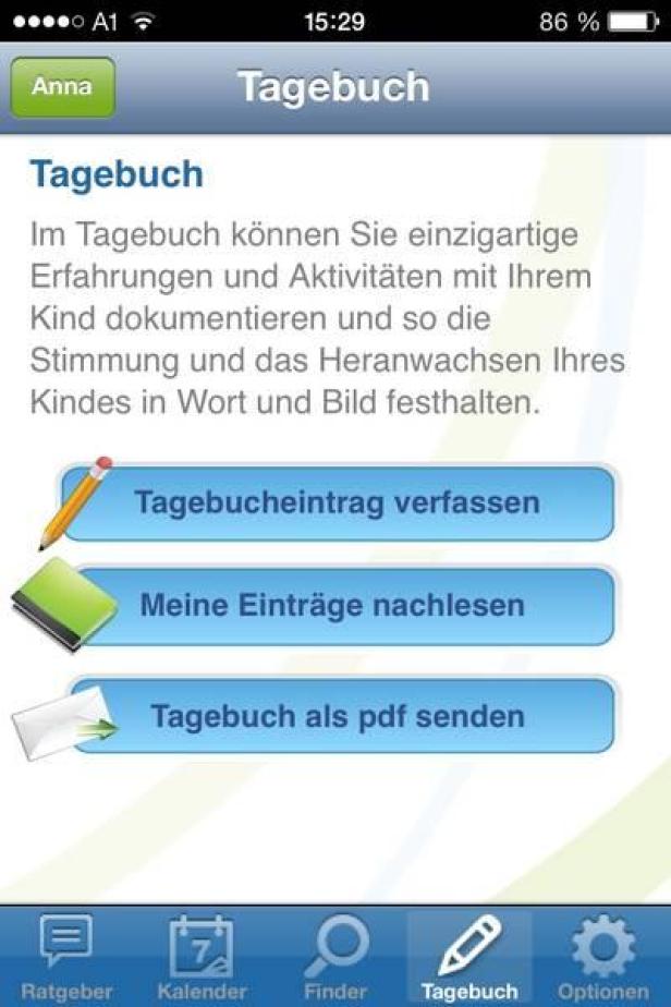 Ein Screenshot der „Tagebuch“-App mit Optionen zum Verfassen von Einträgen und Senden als PDF.