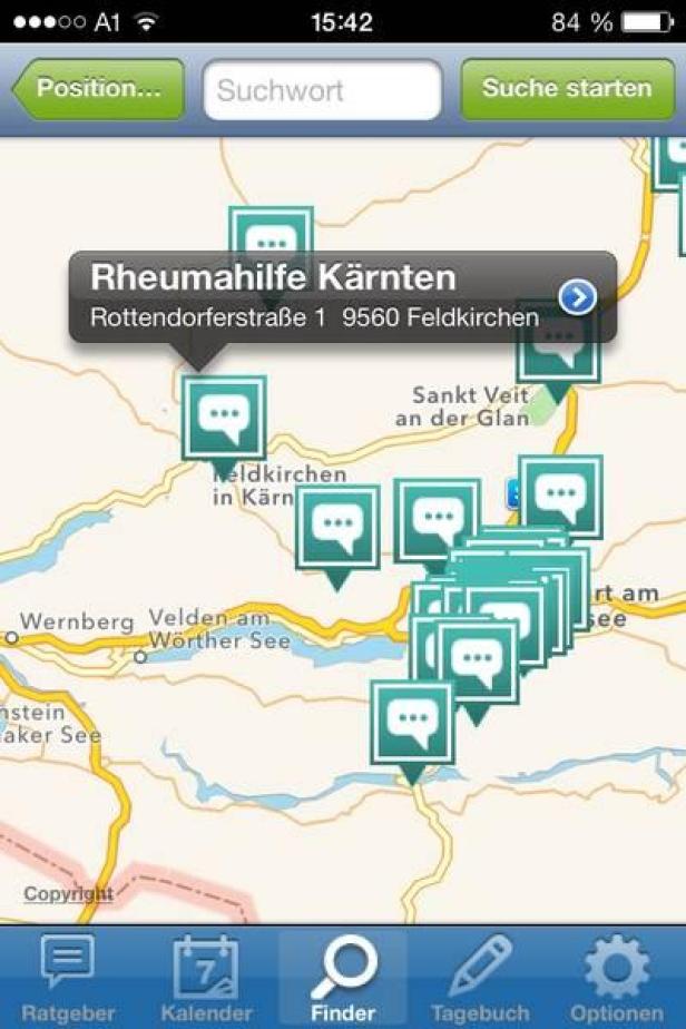 Ein Screenshot der Rheumahilfe Kärnten App auf einem iPhone mit einer Karte und Standorten.