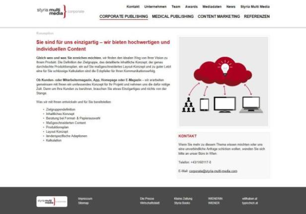 Die Webseite von Styria Multi Media Corporate zeigt Dienstleistungen wie Corporate Publishing und Content Marketing.