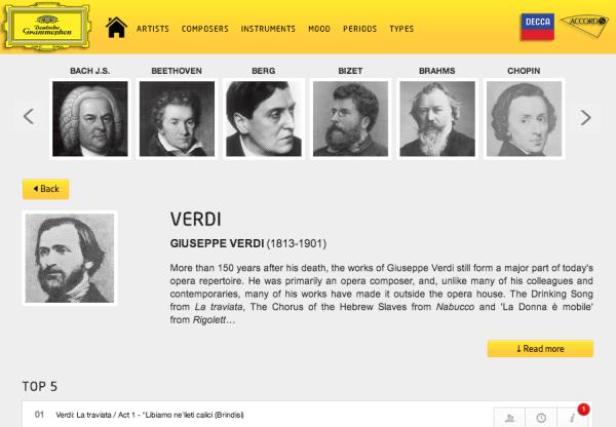 Webseite der Deutschen Grammophon mit Porträts von Bach, Beethoven, Berg, Bizet, Brahms, Chopin und Verdi.