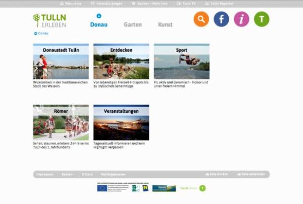 Die Webseite von Tulln Erleben mit verschiedenen touristischen Angeboten.