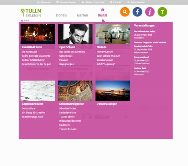 Ein Screenshot der Webseite „Tulln Erleben“ mit Informationen zu Kunst, Museen und Veranstaltungen.