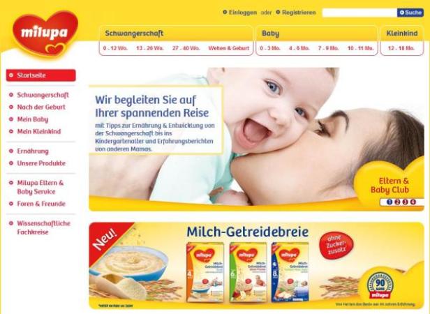 Die Milupa-Webseite mit Informationen zu Schwangerschaft, Baby und Kleinkind sowie Milch-Getreidebreie.