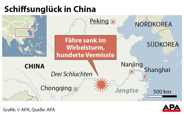 Eine Karte von China, die den Ort eines Schiffsunglücks auf dem Jangtse zeigt, bei dem eine Fähre sank.