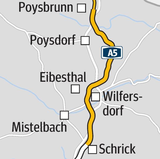 Eine Karte der Region um Mistelbach mit der Autobahn A5.