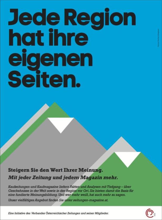 Eine Werbeanzeige mit dem Slogan „Jede Region hat ihre eigenen Seiten“ vor stilisierten Bergen.