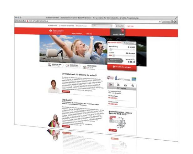 Die Webseite der Santander Consumer Bank Österreich für Online-Kredite und Finanzierung.