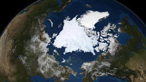 Eine Ansicht der Erde, die die Arktis mit ihrer Eisdecke zeigt.