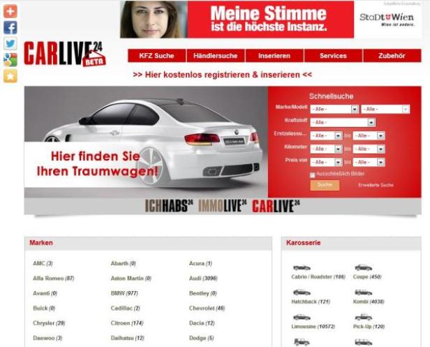 Webseite CarLive24 mit Suchfunktion für Gebrauchtwagen.