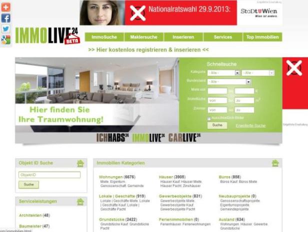 Website von Immolive24 mit Suchfunktion für Wohnungen und Immobilien.