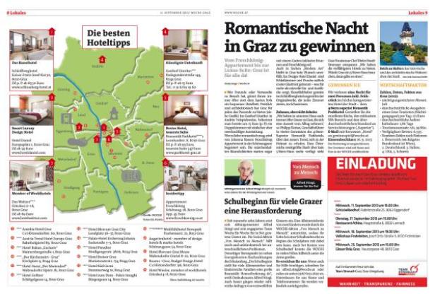 Eine Zeitungsdoppelseite mit Hoteltipps für Graz und einer Anzeige für eine romantische Nacht in Graz.