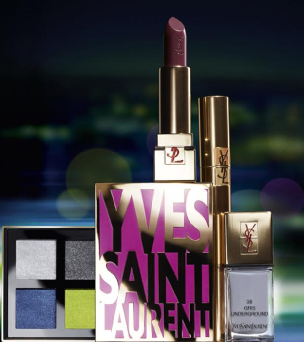 Verschiedene Make-up-Produkte von Yves Saint Laurent, darunter Lidschatten, Lippenstift und Nagellack.