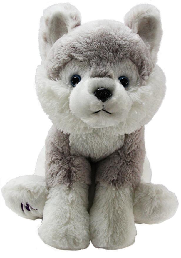 Ein grauer und weißer Husky-Plüschtier sitzt aufrecht.