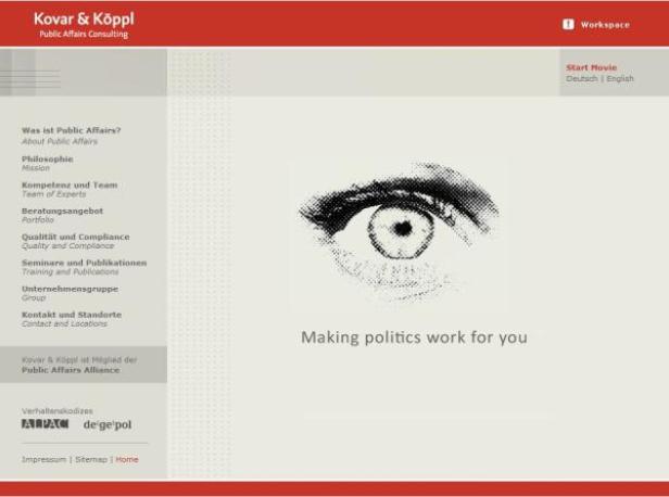 Die Webseite von Kovar & Köppl Public Affairs Consulting mit einem stilisierten Auge.