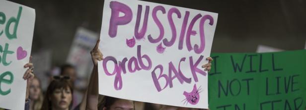 Eine Person hält ein Schild mit der Aufschrift „Pussies grab back“ bei einer Demonstration.