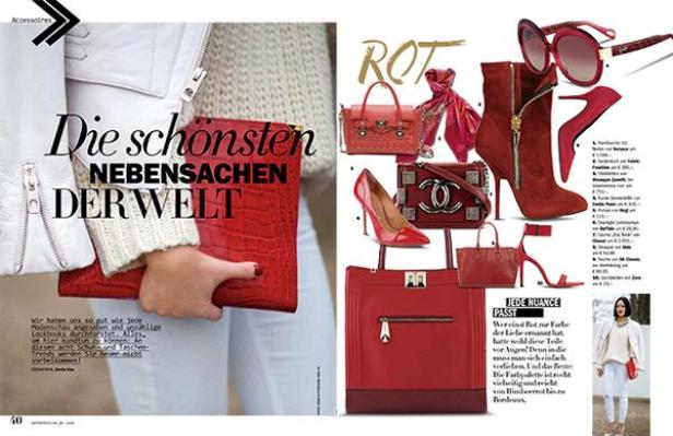 Eine Collage von roten Modeaccessoires, darunter Handtaschen, Schuhe und eine Sonnenbrille.
