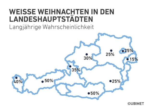 Eine Karte von Österreich zeigt die Wahrscheinlichkeit für weiße Weihnachten in den Landeshauptstädten.