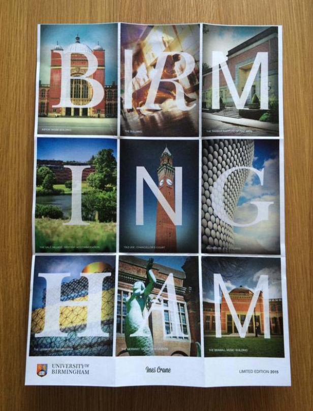 Eine Collage von Fotos der Universität Birmingham, die das Wort „Birmingham“ bilden.