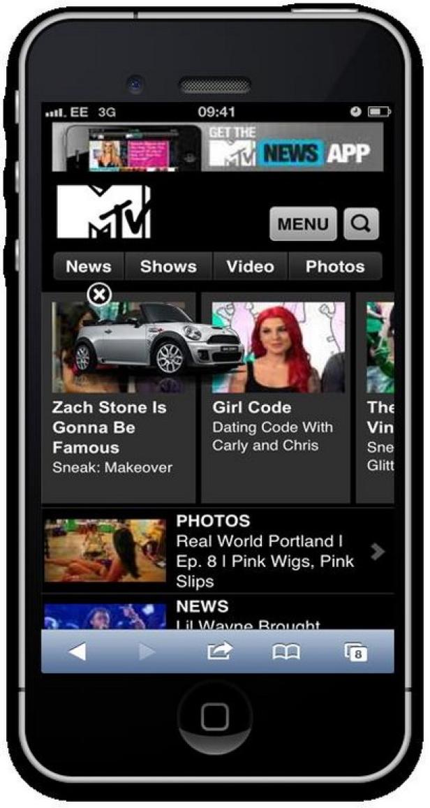 Ein iPhone zeigt die MTV News App mit verschiedenen Artikeln und Videos.