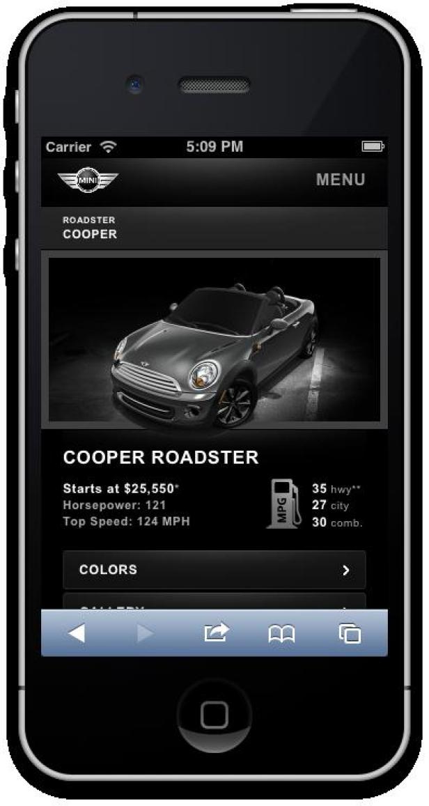 Auf dem Bildschirm eines iPhones wird ein Mini Cooper Roadster beworben.