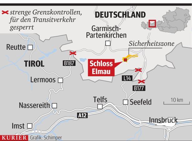 Eine Karte von Tirol und Deutschland mit dem Standort von Schloss Elmau und Grenzkontrollen.