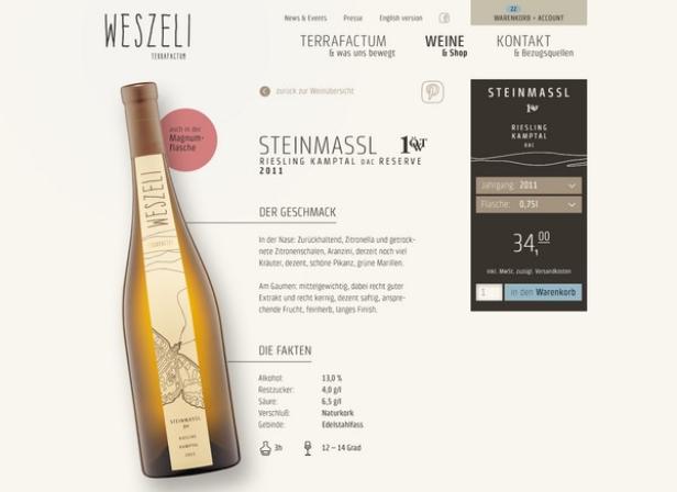 Eine Flasche Weszeli Steinmassl Riesling Kamptal DAC Reserve 2011 auf einer Webseite.