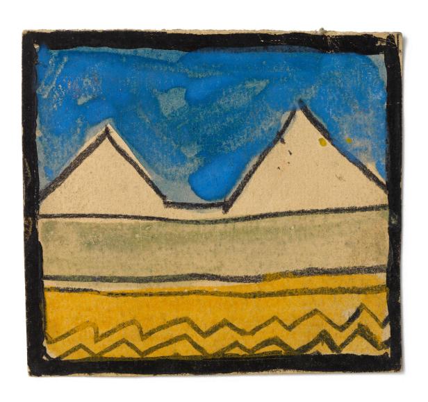 Eine abstrakte Landschaft mit Bergen unter blauem Himmel.