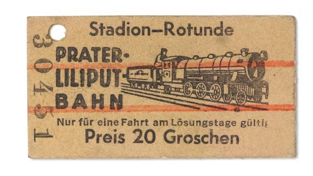 Ein Fahrschein der Prater Liliputbahn mit einer Abbildung einer kleinen Dampflokomotive.