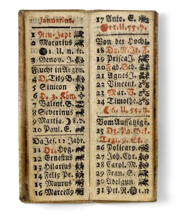 Eine Seite aus einem alten Kalender mit dem Monat Januar in alter Schrift.