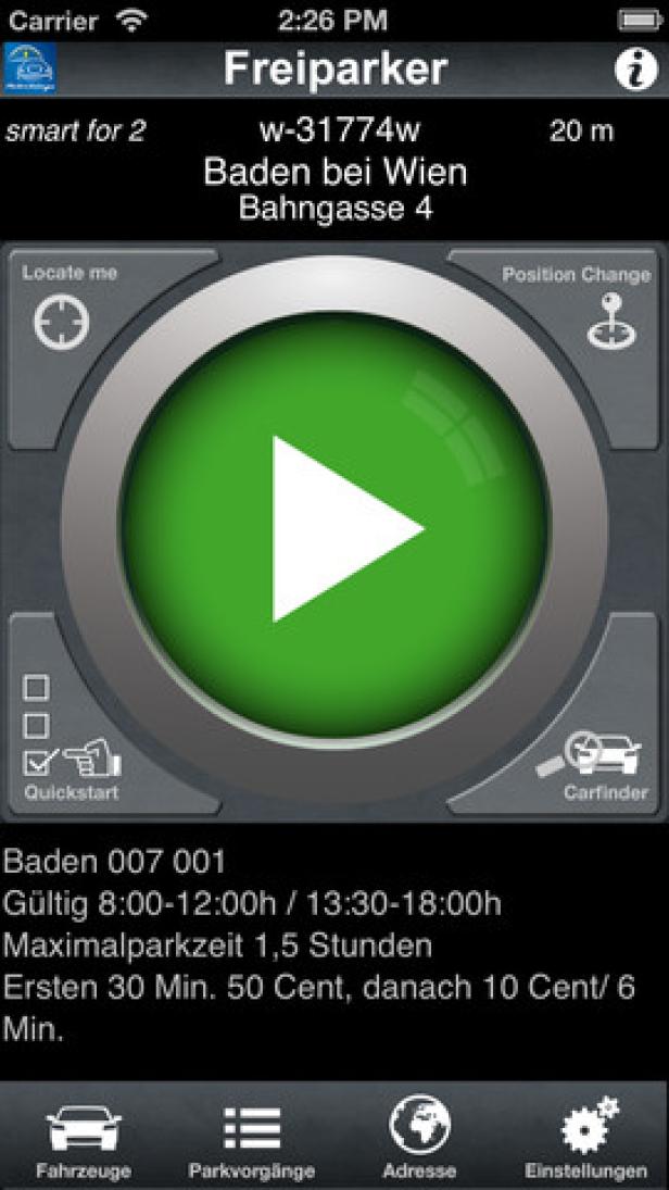 Ein Screenshot der „Freiparker“-App für Smart-Fahrzeuge in Baden bei Wien.