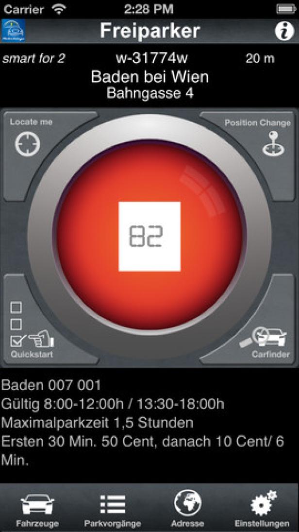 Ein Screenshot der „Freiparker“-App, die Parkinformationen in Baden bei Wien anzeigt.
